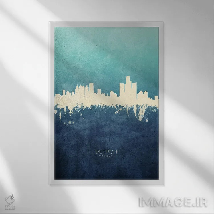 تابلو دکوراتیو نمای افق دیترویت، میشیگان با رنگ سرمه ای و فیروزه ای اثر مایکل تامپست - نمای قابدار سفید