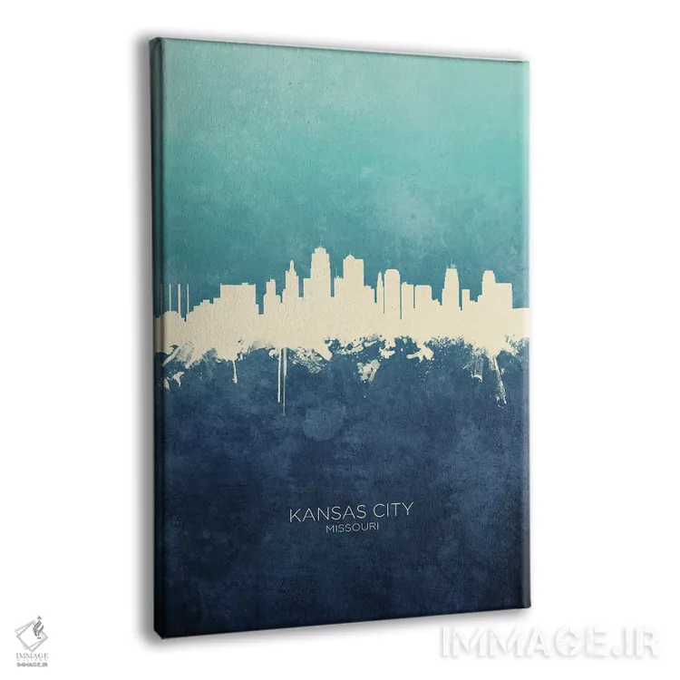 تابلو دکوراتیو نمای افق کانزاس سیتی، میزوری با رنگ سرمه ای و فیروزه ای اثر مایکل تامپست - نمای پرسپکتیو محصول