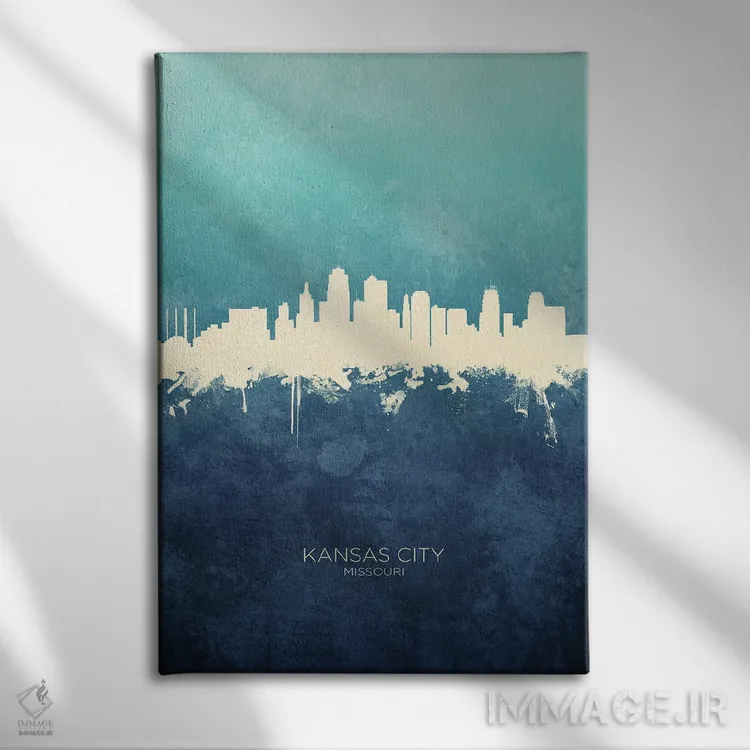 تابلو دکوراتیو نمای افق کانزاس سیتی، میزوری با رنگ سرمه ای و فیروزه ای اثر مایکل تامپست - نمای روبهرو روی دیوار