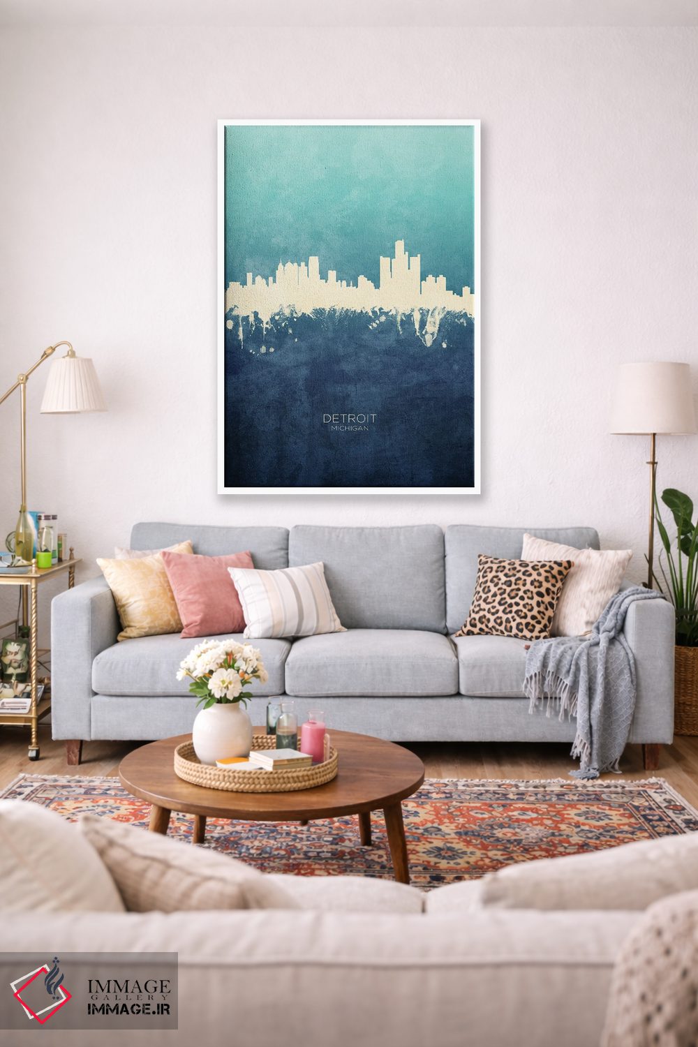 تابلو دکوراتیو نمای افق دیترویت، میشیگان با رنگ سرمه ای و فیروزه ای اثر مایکل تامپست - D1W