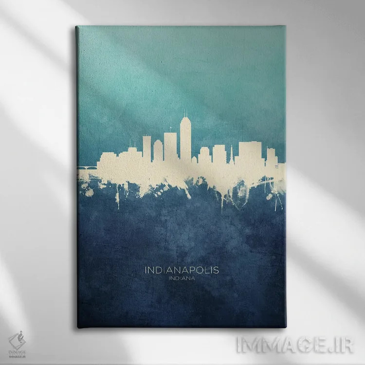 تابلو دکوراتیو نمای افق ایندیاناپولیس، ایندیانا با رنگ سرمه ای و فیروزه ا… اثر مایکل تامپست - نمای روبهرو روی دیوار