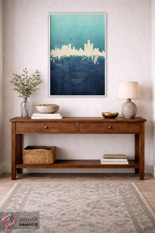 تابلو دکوراتیو نمای افق دیترویت، میشیگان با رنگ سرمه ای و فیروزه ای اثر مایکل تامپست - D4W
