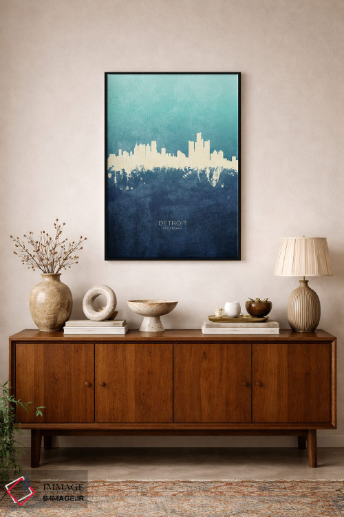 تابلو دکوراتیو نمای افق دیترویت، میشیگان با رنگ سرمه ای و فیروزه ای اثر مایکل تامپست - D2B