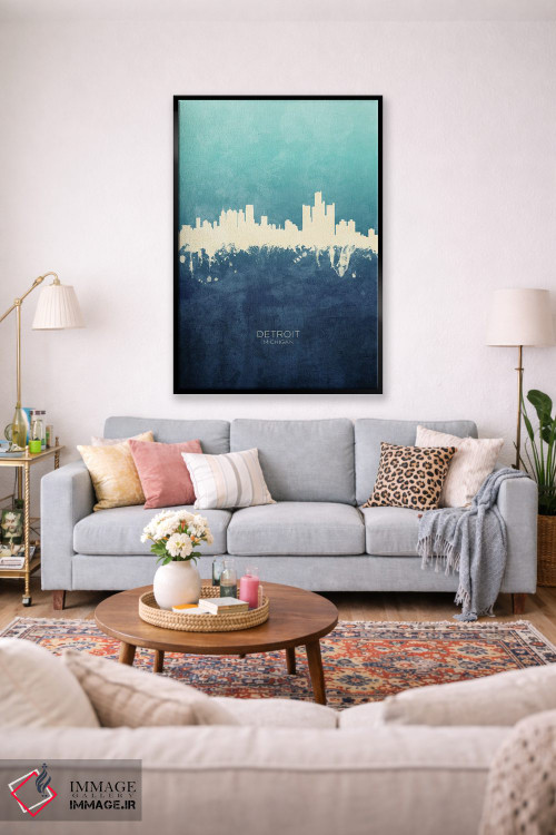 تابلو دکوراتیو نمای افق دیترویت، میشیگان با رنگ سرمه ای و فیروزه ای اثر مایکل تامپست - D3B