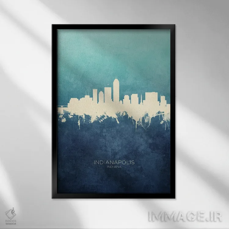 تابلو دکوراتیو نمای افق ایندیاناپولیس، ایندیانا با رنگ سرمه ای و فیروزه ا… اثر مایکل تامپست - نمای قابدار مشکی