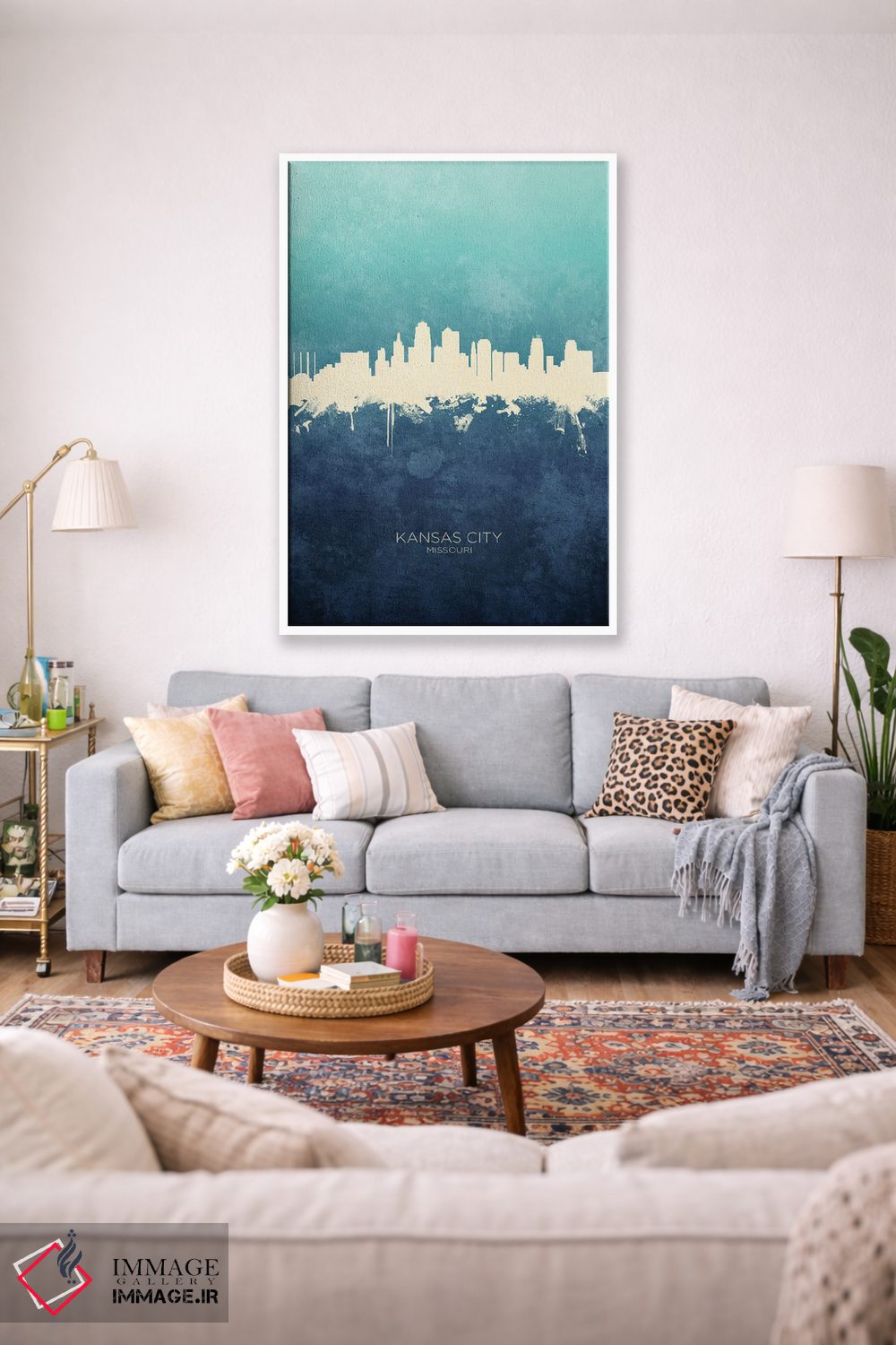 تابلو دکوراتیو نمای افق کانزاس سیتی، میزوری با رنگ سرمه ای و فیروزه ای اثر مایکل تامپست - D1W