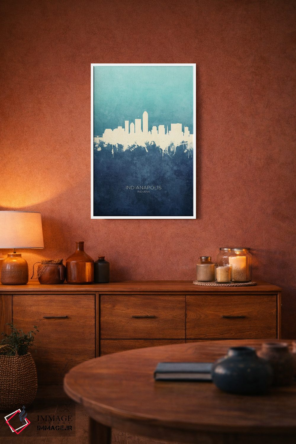 تابلو دکوراتیو نمای افق ایندیاناپولیس، ایندیانا با رنگ سرمه ای و فیروزه ا… اثر مایکل تامپست - D3W