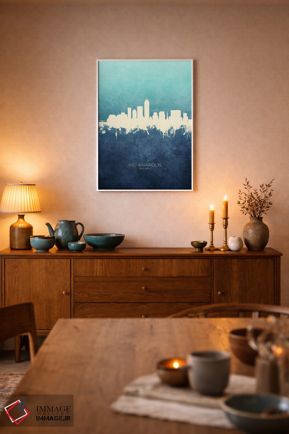 تابلو دکوراتیو نمای افق ایندیاناپولیس، ایندیانا با رنگ سرمه ای و فیروزه ا… اثر مایکل تامپست - D5W