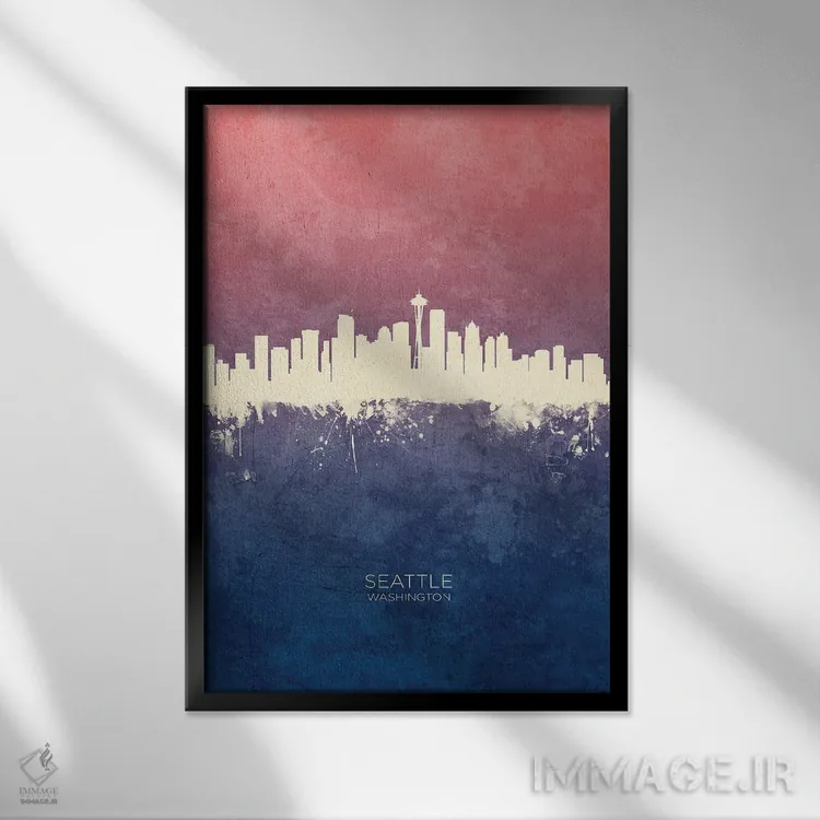 تابلو دکوراتیو خط افق سیاتل واشینگتن با تم آبی رز اثر مایکل تامپست - نمای قابدار مشکی