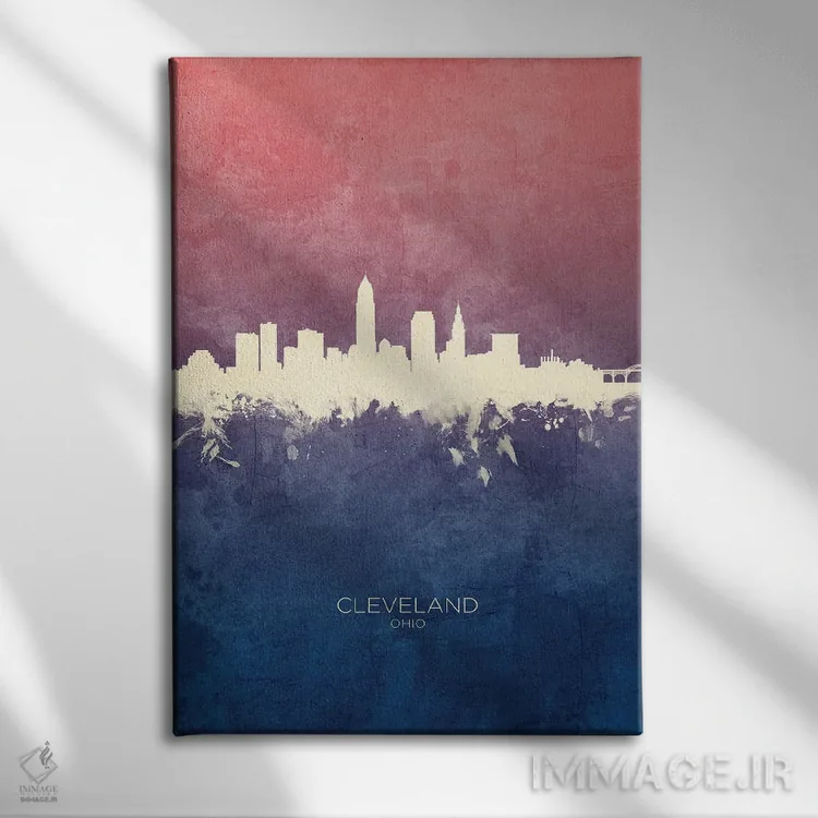 تابلو دکوراتیو خط افق کلیولند اوهایو با تم آبی رز اثر مایکل تامپست - نمای روبهرو روی دیوار