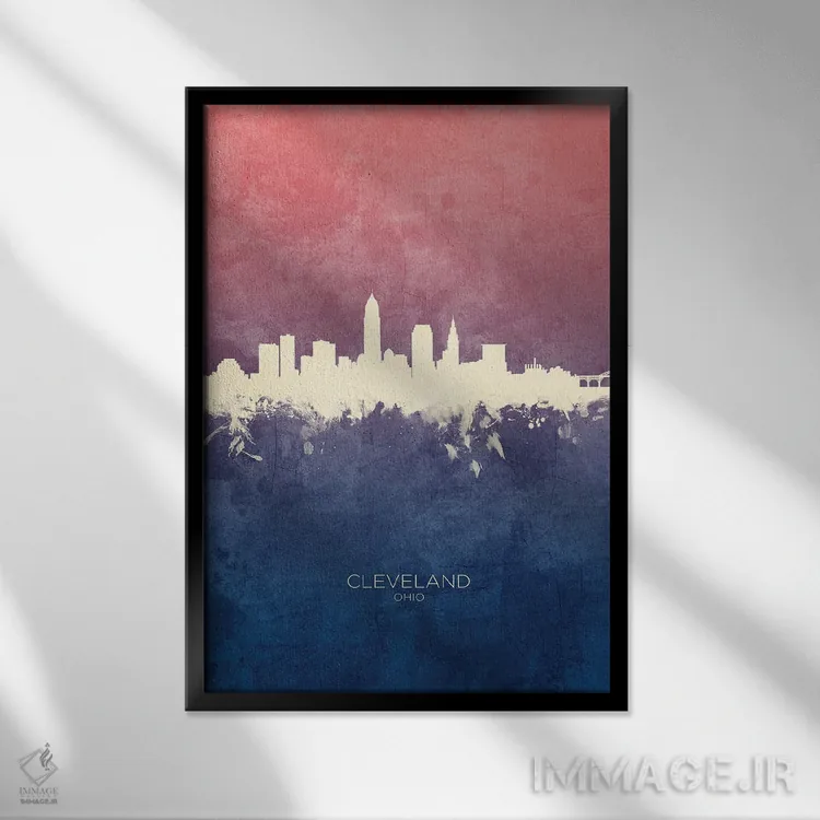 تابلو دکوراتیو خط افق کلیولند اوهایو با تم آبی رز اثر مایکل تامپست - نمای قابدار مشکی