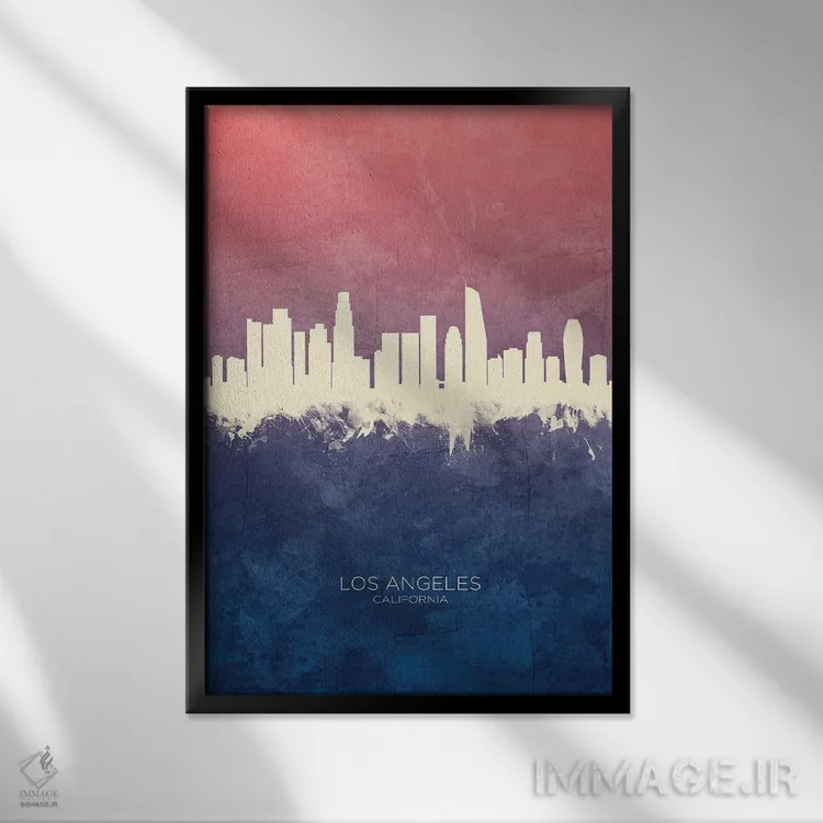 تابلو دکوراتیو خط افق لس آنجلس کالیفرنیا با تم آبی رز اثر مایکل تامپست - نمای قابدار مشکی