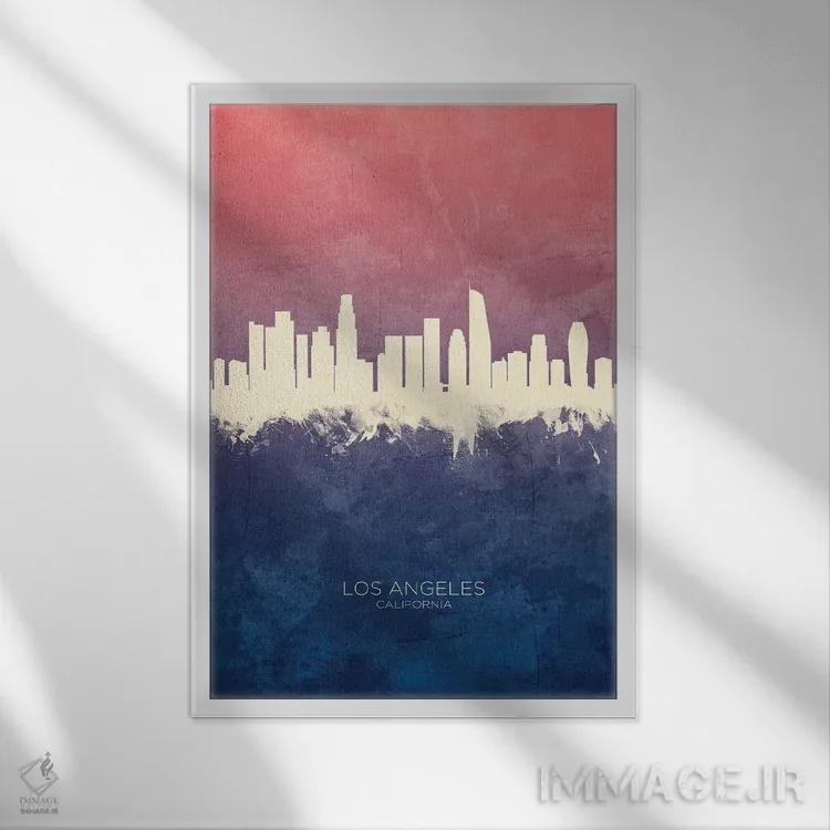 تابلو دکوراتیو خط افق لس آنجلس کالیفرنیا با تم آبی رز اثر مایکل تامپست - نمای قابدار سفید