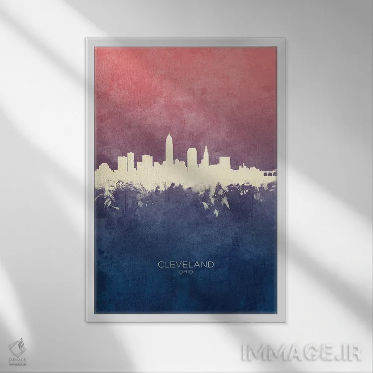 تابلو دکوراتیو خط افق کلیولند اوهایو با تم آبی رز اثر مایکل تامپست - نمای قابدار سفید