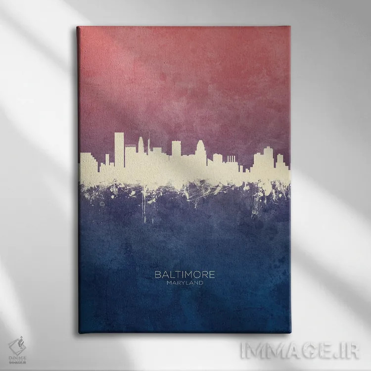تابلو دکوراتیو خط افق بالتیمور مریلند با تم آبی رز اثر مایکل تامپست - نمای روبهرو روی دیوار