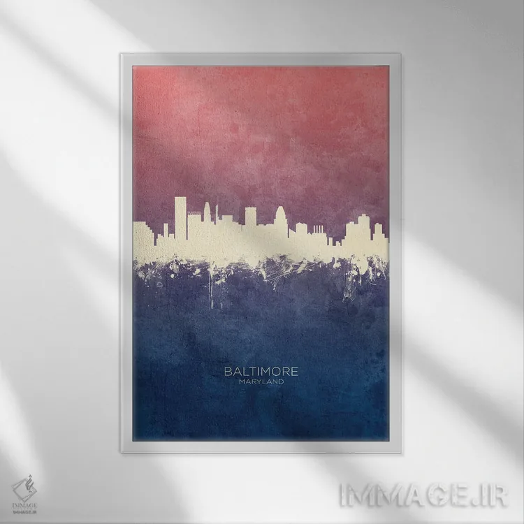 تابلو دکوراتیو خط افق بالتیمور مریلند با تم آبی رز اثر مایکل تامپست - نمای قابدار سفید