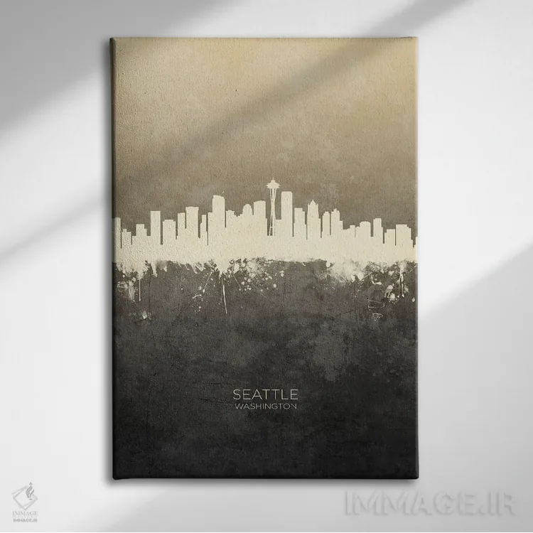 تابلو دکوراتیو خط افق سیاتل واشینگتن با رنگ تاپ اثر مایکل تامپست - نمای روبهرو روی دیوار