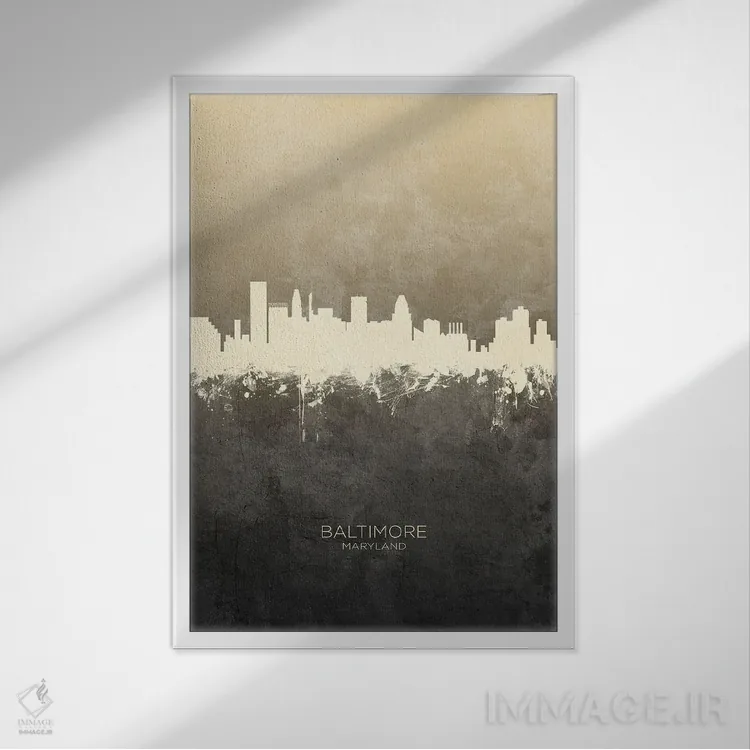 تابلو دکوراتیو خط افق بالتیمور مریلند با رنگ تاپ اثر مایکل تامپست - نمای قابدار سفید