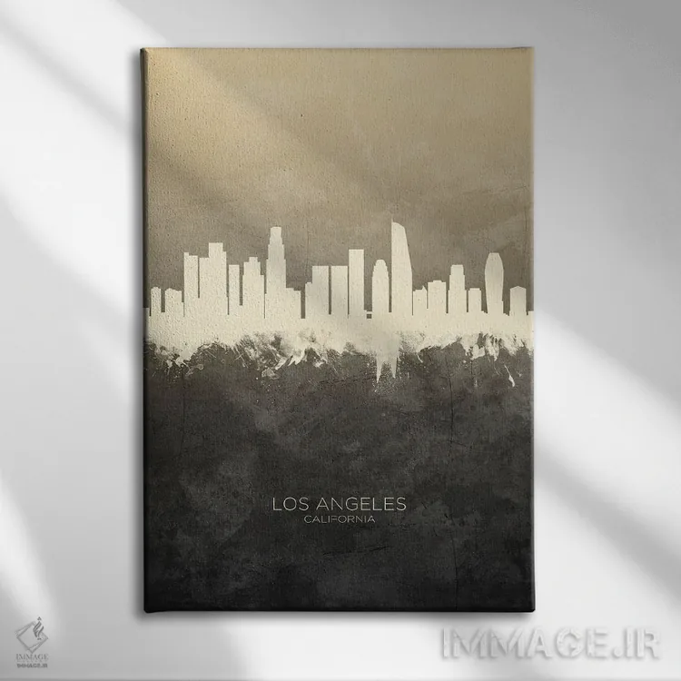 تابلو دکوراتیو خط افق لس آنجلس کالیفرنیا با رنگ تاپ اثر مایکل تامپست - نمای روبهرو روی دیوار