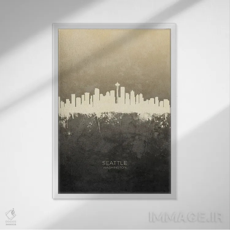 تابلو دکوراتیو خط افق سیاتل واشینگتن با رنگ تاپ اثر مایکل تامپست - نمای قابدار سفید