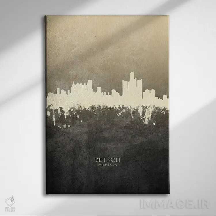 تابلو دکوراتیو خط افق دیترویت میشیگان با رنگ تاپ اثر مایکل تامپست - نمای روبهرو روی دیوار