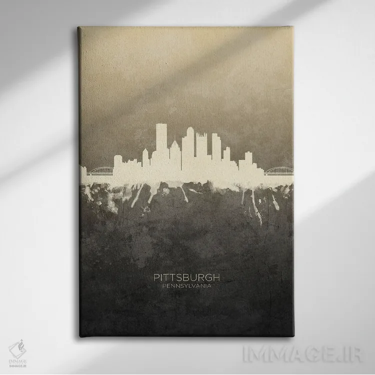 تابلو دکوراتیو خط افق پیتسبورگ پنسیلوانیا با رنگ تاپ اثر مایکل تامپست - نمای روبهرو روی دیوار