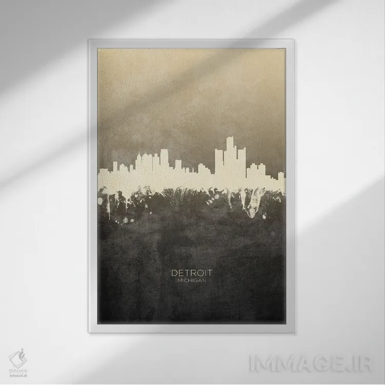 تابلو دکوراتیو خط افق دیترویت میشیگان با رنگ تاپ اثر مایکل تامپست - نمای قابدار سفید