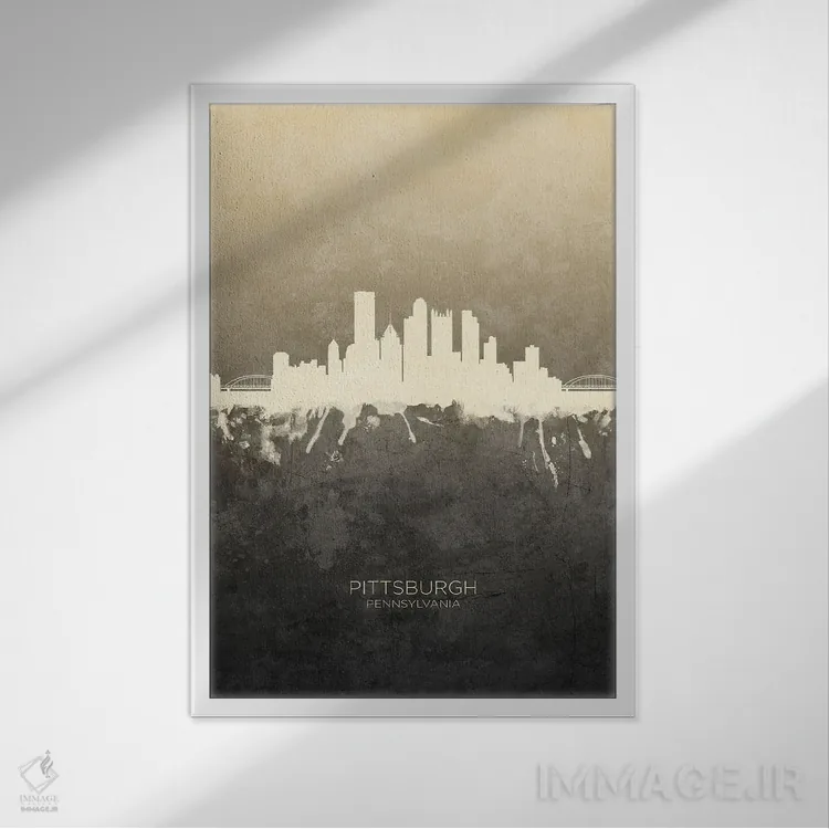 تابلو دکوراتیو خط افق پیتسبورگ پنسیلوانیا با رنگ تاپ اثر مایکل تامپست - نمای قابدار سفید
