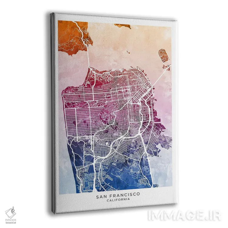 تابلو دکوراتیو نقشه سان فرانسیسکو آبی-صورتی اثر مایکل تامپست - نمای پرسپکتیو محصول