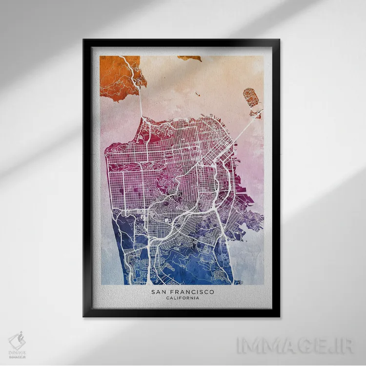 تابلو دکوراتیو نقشه سان فرانسیسکو آبی-صورتی اثر مایکل تامپست - نمای قابدار مشکی