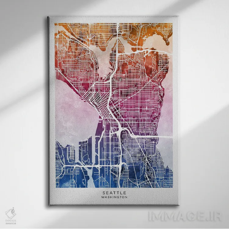 تابلو دکوراتیو نقشه سیاتل آبی-صورتی اثر مایکل تامپست - نمای روبهرو روی دیوار