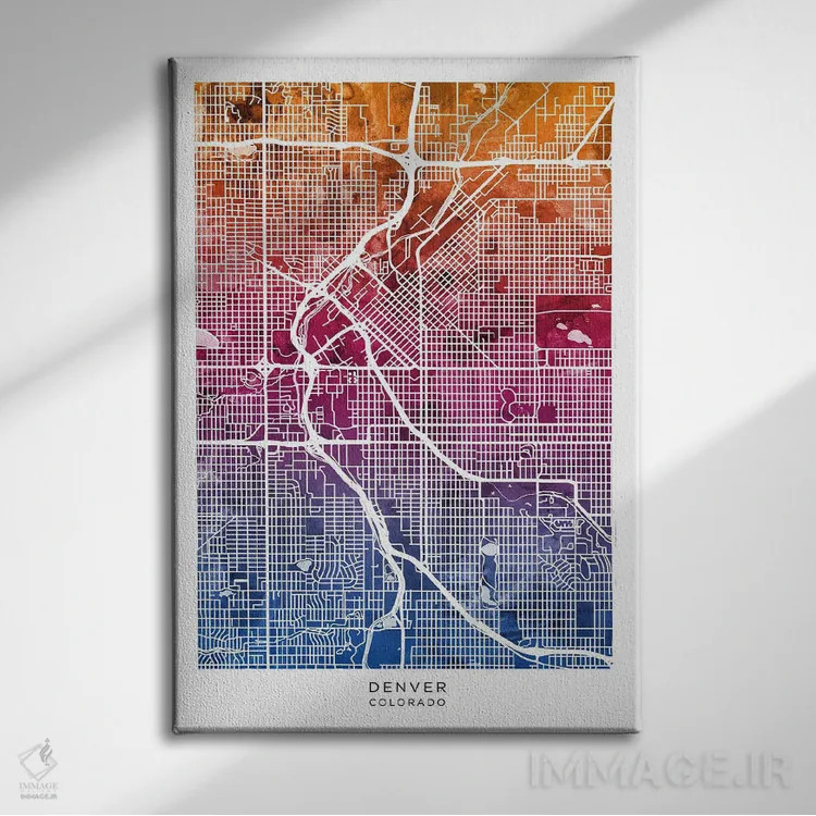تابلو دکوراتیو نقشه دنور آبی-صورتی اثر مایکل تامپست - نمای روبهرو روی دیوار