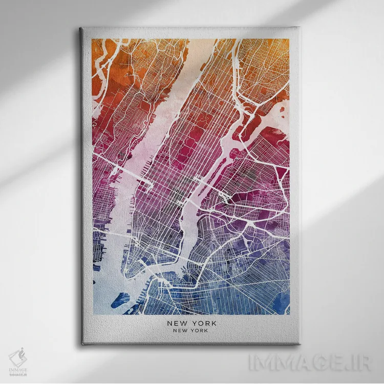 تابلو دکوراتیو نقشه نیویورک آبی-صورتی اثر مایکل تامپست - نمای روبهرو روی دیوار