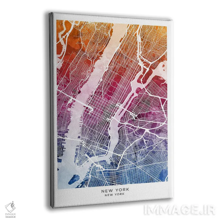 تابلو دکوراتیو نقشه نیویورک آبی-صورتی اثر مایکل تامپست - نمای پرسپکتیو محصول