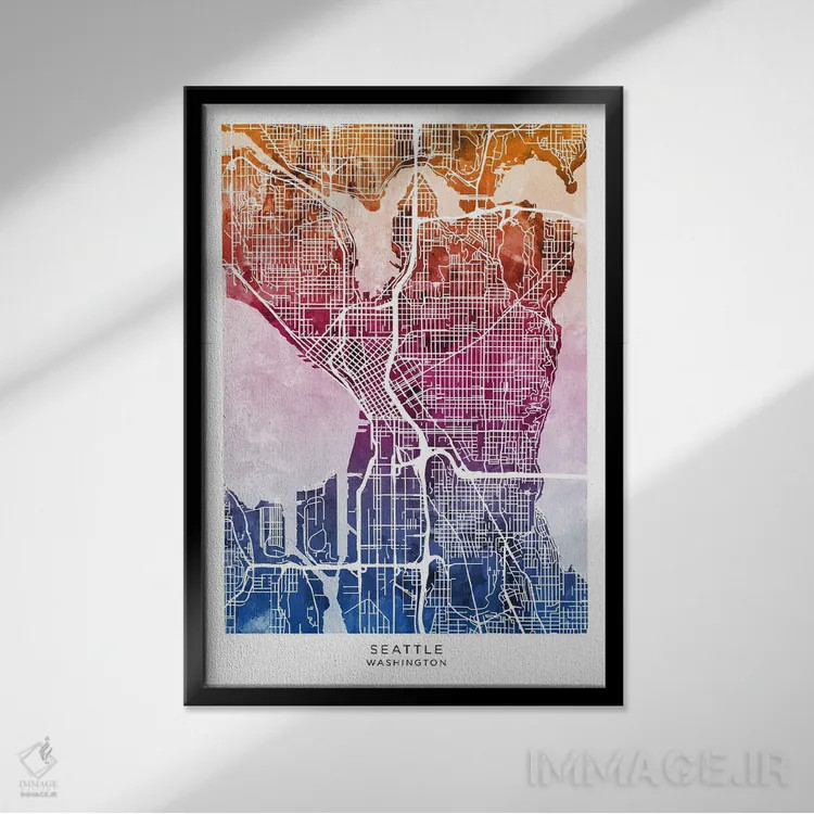 تابلو دکوراتیو نقشه سیاتل آبی-صورتی اثر مایکل تامپست - نمای قابدار مشکی