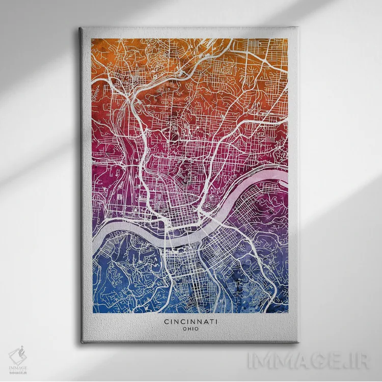 تابلو دکوراتیو نقشه سینسیناتی آبی-صورتی اثر مایکل تامپست - نمای روبهرو روی دیوار