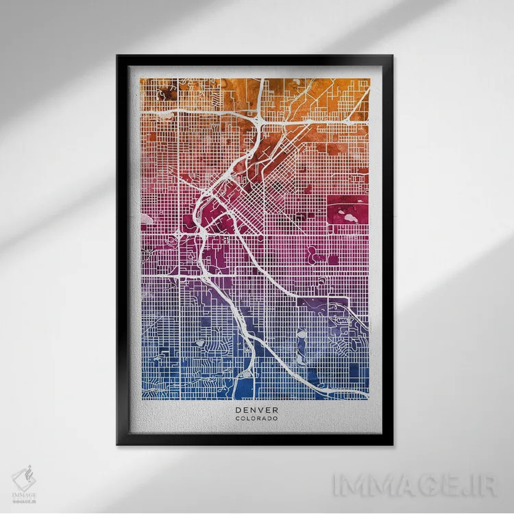 تابلو دکوراتیو نقشه دنور آبی-صورتی اثر مایکل تامپست - نمای قابدار مشکی