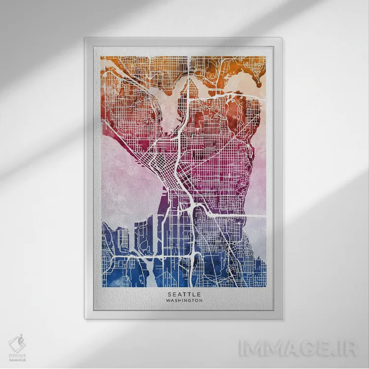 تابلو دکوراتیو نقشه سیاتل آبی-صورتی اثر مایکل تامپست - نمای قابدار سفید