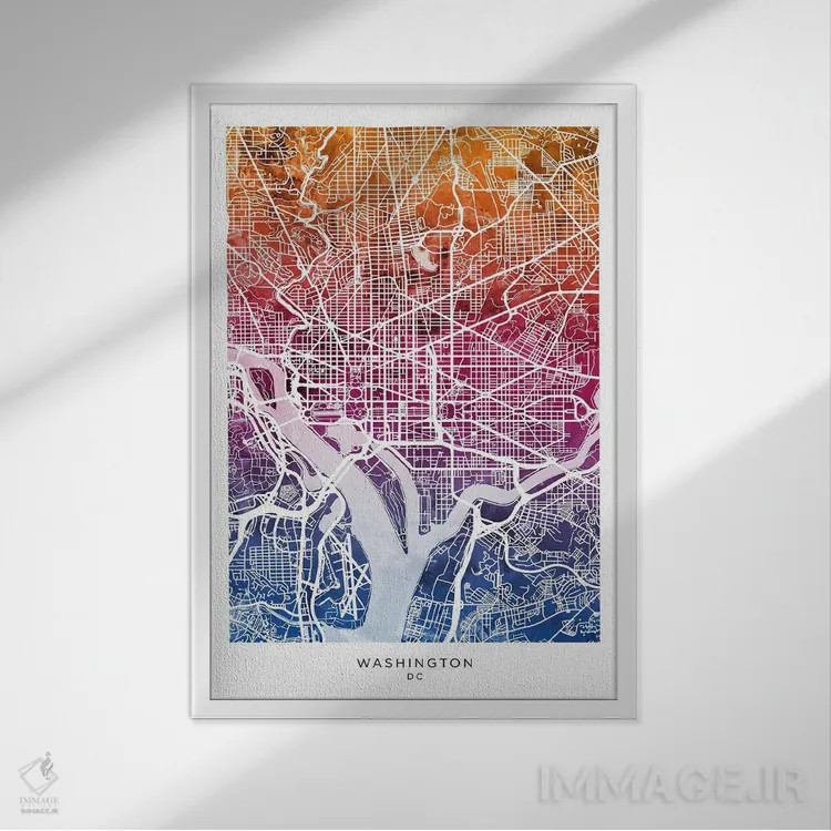 تابلو دکوراتیو نقشه واشینگتن آبی-صورتی اثر مایکل تامپست - نمای قابدار سفید