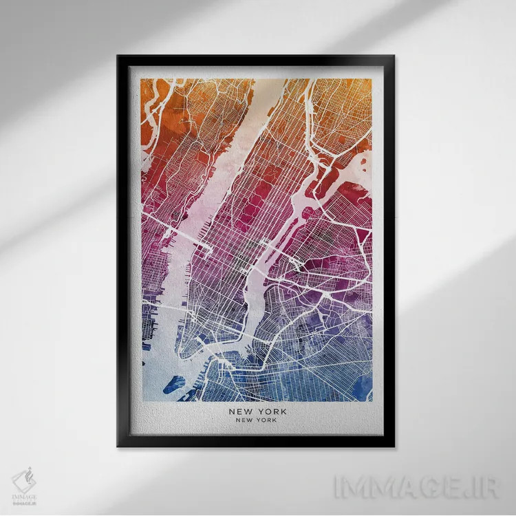 تابلو دکوراتیو نقشه نیویورک آبی-صورتی اثر مایکل تامپست - نمای قابدار مشکی