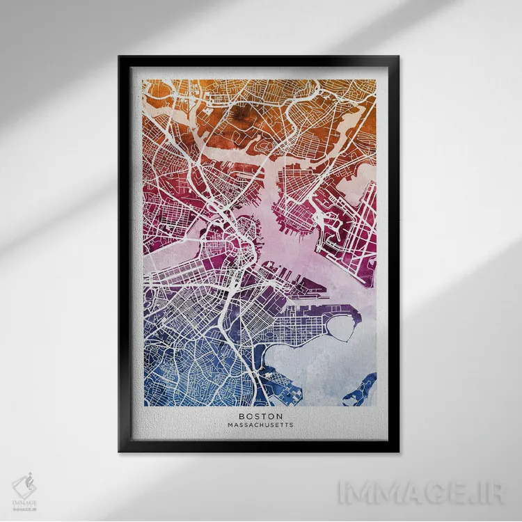 تابلو دکوراتیو نقشه بوستون آبی-صورتی اثر مایکل تامپست - نمای قابدار مشکی