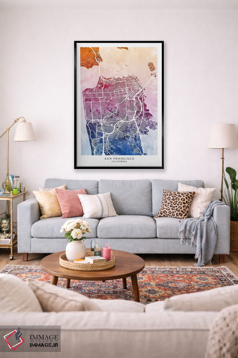 تابلو دکوراتیو نقشه سان فرانسیسکو آبی-صورتی اثر مایکل تامپست - D2B