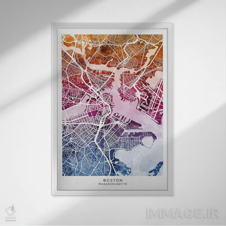 تابلو دکوراتیو نقشه بوستون آبی-صورتی اثر مایکل تامپست - نمای قابدار سفید