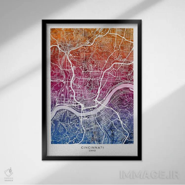 تابلو دکوراتیو نقشه سینسیناتی آبی-صورتی اثر مایکل تامپست - نمای قابدار مشکی