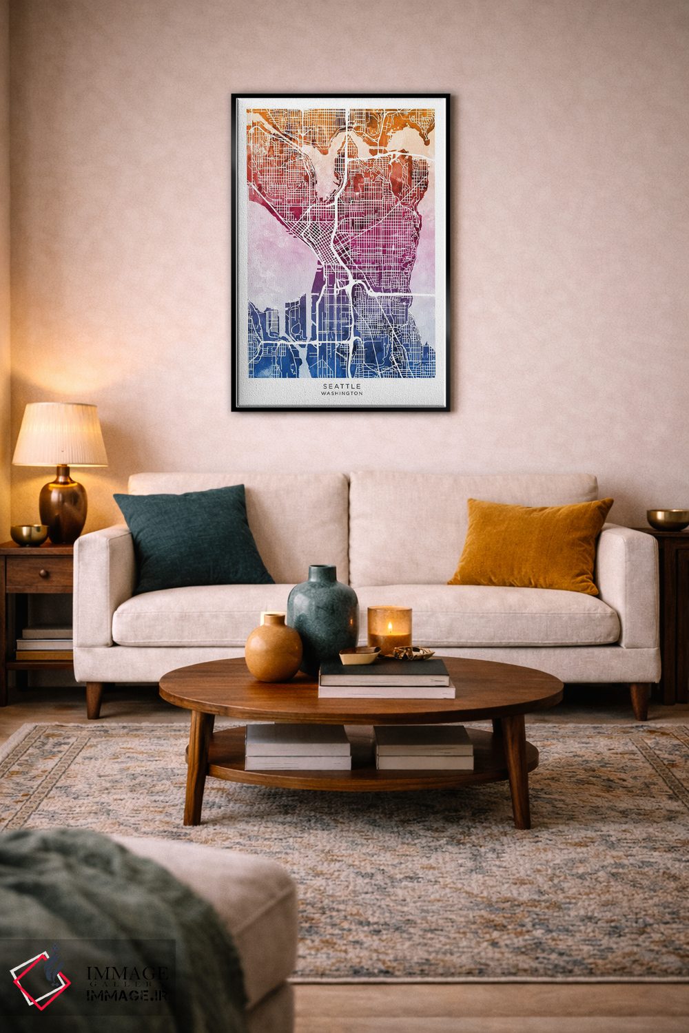 تابلو دکوراتیو نقشه سیاتل آبی-صورتی اثر مایکل تامپست - D5B