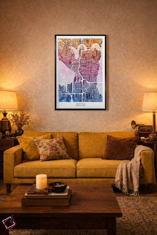 تابلو دکوراتیو نقشه سیاتل آبی-صورتی اثر مایکل تامپست - D4B