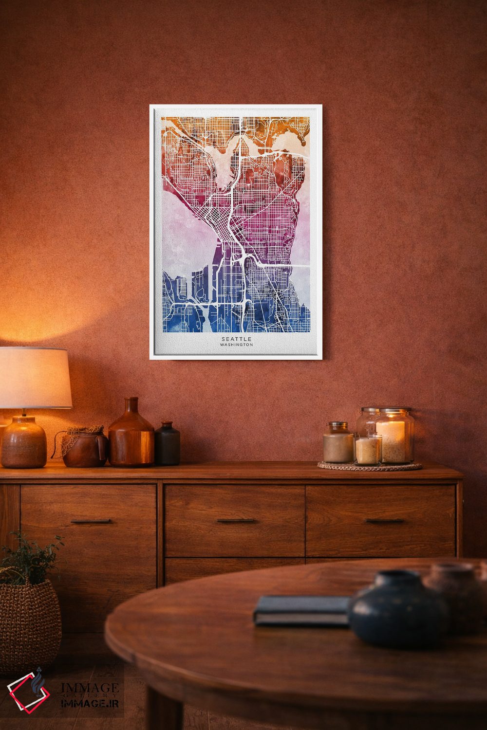 تابلو دکوراتیو نقشه سیاتل آبی-صورتی اثر مایکل تامپست - D3W