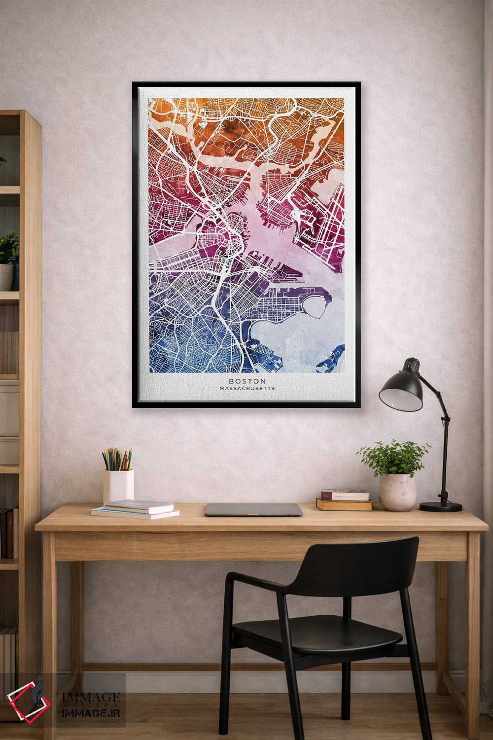 تابلو دکوراتیو نقشه بوستون آبی-صورتی اثر مایکل تامپست - D1B