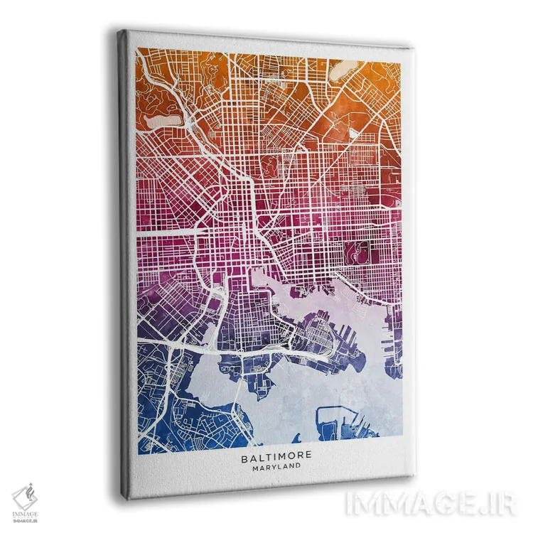تابلو دکوراتیو نقشه بالتیمور آبی-صورتی اثر مایکل تامپست - نمای پرسپکتیو محصول