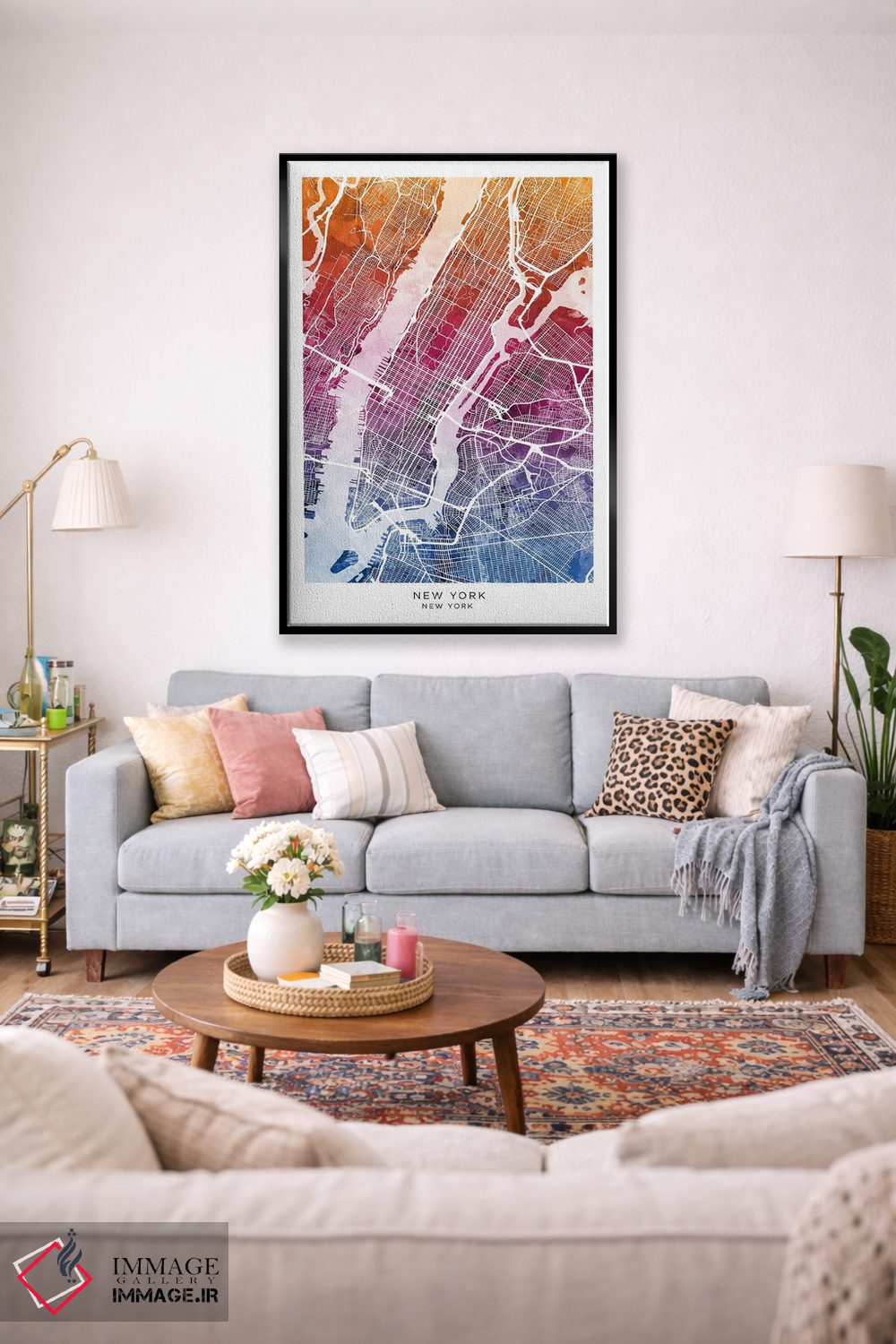 تابلو دکوراتیو نقشه نیویورک آبی-صورتی اثر مایکل تامپست - D1B